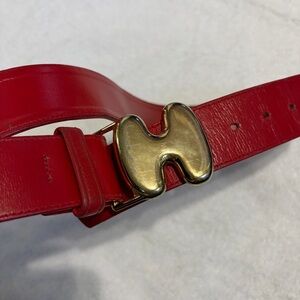 Halston III Red GENUINE Leather Belt with Gold Sculpted Buckle. VINTAGE